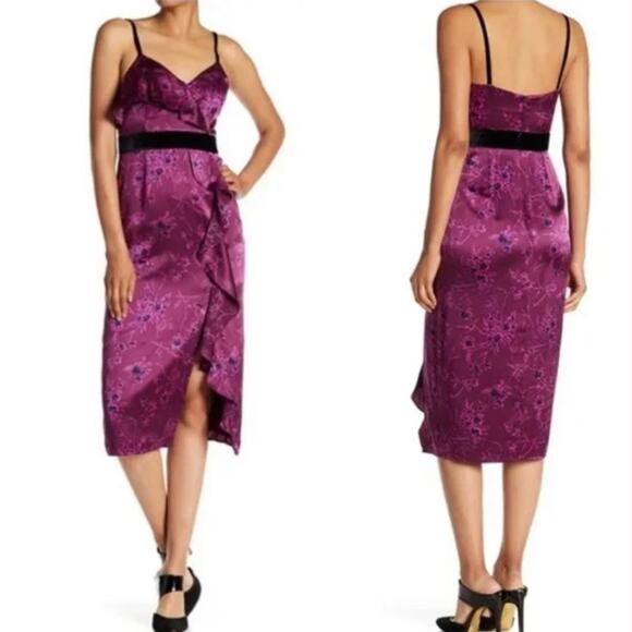 Cinq a Sept Lara Raspberry Multi Floral Silk Ruffle Purple V-neck Midi Dress - Picture 2 of 11